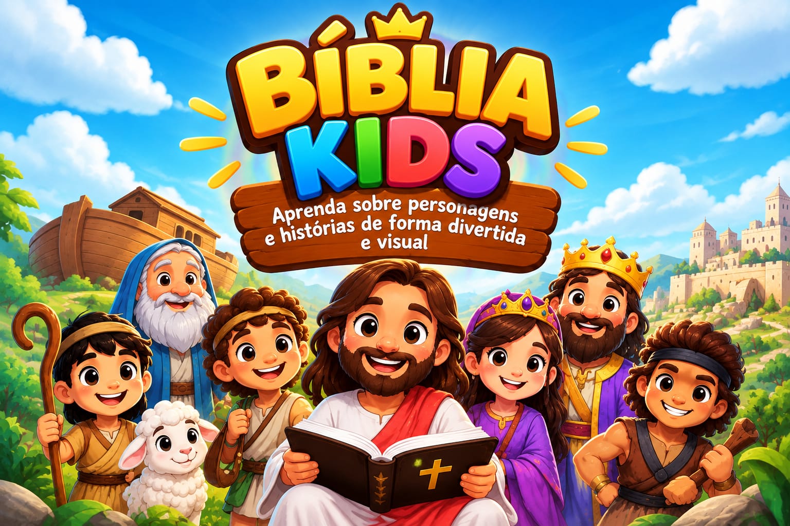 Personagens bíblicos reunidos com a Bíblia Kids
