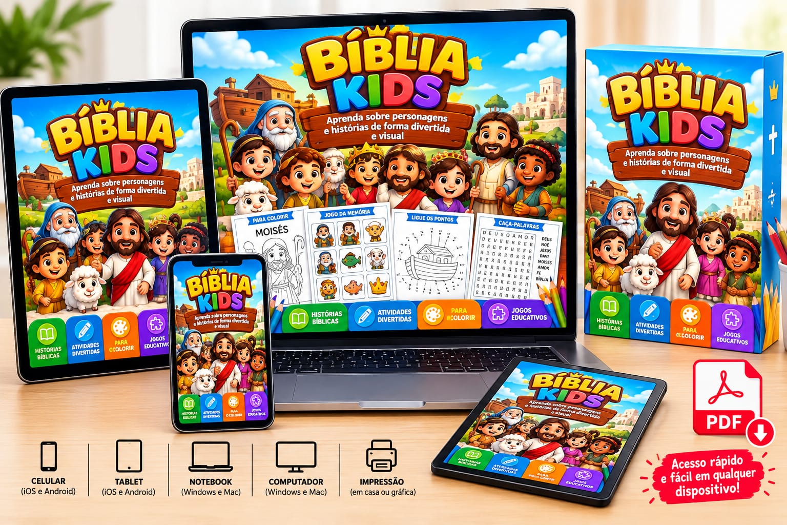 Bíblia Kids disponível no celular, tablet, notebook, computador e para impressão